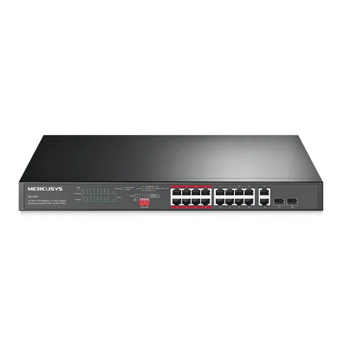 Mercusys MS118CP Switch No Gestionable/Rackable de 18 Puertos (16x Fast Ethernet 100Mbps PoE+ + 2x Gigabit + 2x SFP) para Montaje en Rack