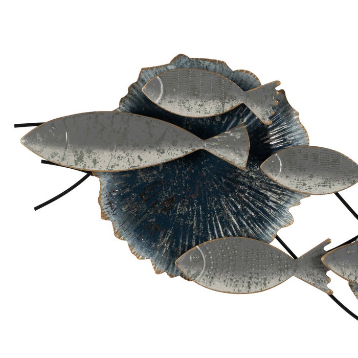 Mural Pared Peces Azul-Plata Metal 127,60 X 6,40 X 42,50 cm