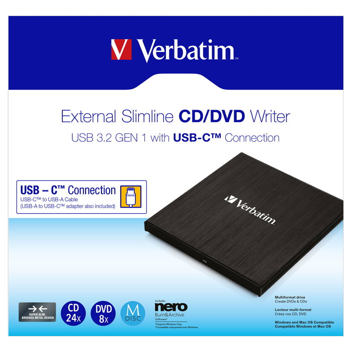Verbatim Slimline CD/DVD ReWriter USB-C Negro