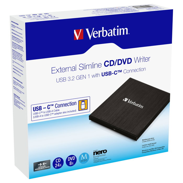 Verbatim Slimline CD/DVD ReWriter USB-C Negro