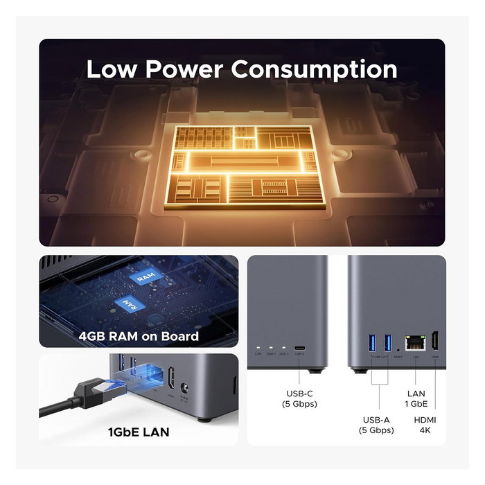 Ugreen NASync DH2300 NAS Sistema 2-Bay, Mini Torre, 4 GB RAM, Gris, Gigabit LAN, Compatible RAID, para Usuario Doméstico