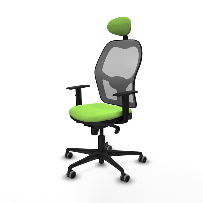 Silla de oficina Jorquera con mecanismo Sincro tapizada con Tela color Pistacho y malla color Gris. Equipada con lumbar 1D, Brazos 1D, Cabecero Fijo y Ruedas 65 mm parqué