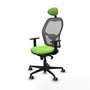 Silla de oficina Jorquera con mecanismo Sincro tapizada con Tela color Pistacho y malla color Gris. Equipada con lumbar 1D, Brazos 1D, Cabecero Fijo y Ruedas 65 mm parqué