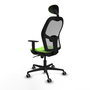 Silla de oficina Jorquera con mecanismo Sincro tapizada con Tela color Pistacho y malla color Gris. Equipada con lumbar 1D, Brazos 1D, Cabecero Fijo y Ruedas 65 mm parqué