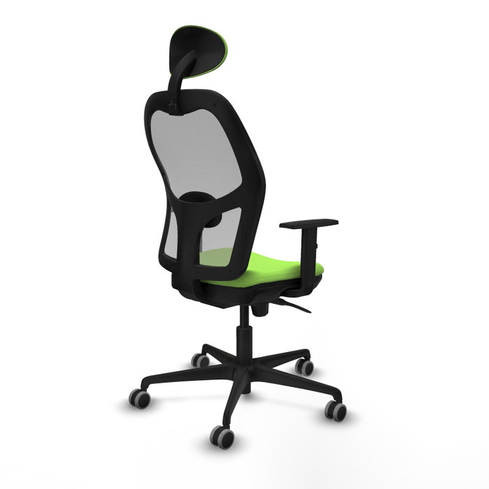 Silla de oficina Jorquera con mecanismo Sincro tapizada con Tela color Pistacho y malla color Gris. Equipada con lumbar 1D, Brazos 1D, Cabecero Fijo y Ruedas 65 mm parqué