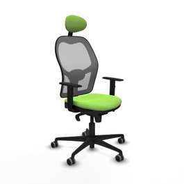 Silla de oficina Jorquera con mecanismo Sincro tapizada con Tela color Pistacho y malla color Gris. Equipada con lumbar 1D, Brazos 1D, Cabecero Fijo y Ruedas 65 mm parqué