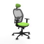Silla de oficina Jorquera con mecanismo Sincro tapizada con Tela color Pistacho y malla color Gris. Equipada con lumbar 1D, Brazos 1D, Cabecero Fijo y Ruedas 65 mm parqué