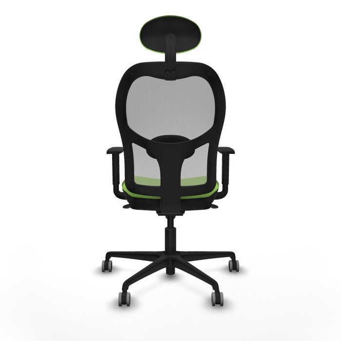 Silla de oficina Jorquera con mecanismo Sincro tapizada con Tela color Pistacho y malla color Gris. Equipada con lumbar 1D, Brazos 1D, Cabecero Fijo y Ruedas 65 mm parqué