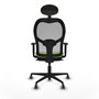 Silla de oficina Jorquera con mecanismo Sincro tapizada con Tela color Pistacho y malla color Gris. Equipada con lumbar 1D, Brazos 1D, Cabecero Fijo y Ruedas 65 mm parqué