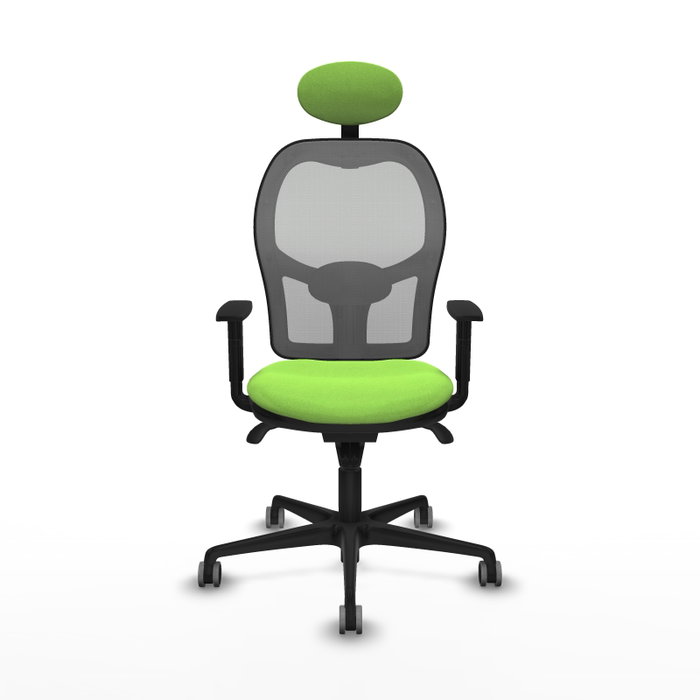 Silla de oficina Jorquera con mecanismo Sincro tapizada con Tela color Pistacho y malla color Gris. Equipada con lumbar 1D, Brazos 1D, Cabecero Fijo y Ruedas 65 mm parqué