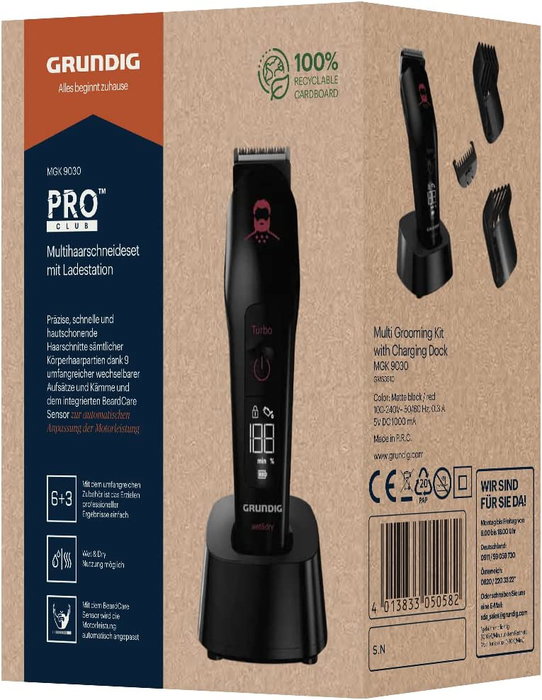 Grundig Cortapelo Recargable para Barba con Accesorios, Pantalla de Carga y Tecnología Wet & Dry, Ideal para Cuidado Personal y Viajes