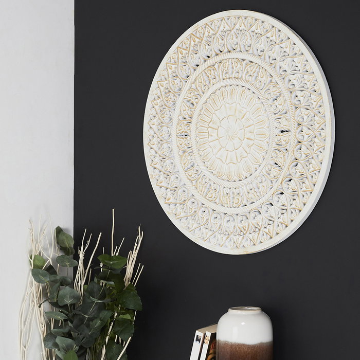 Home Deco Factory Mural Moldura Decoración Pared Madera Blanca Diámetro 60 cm Inspiración India