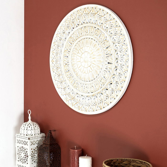 Home Deco Factory Mural Moldura Decoración Pared Madera Blanca Diámetro 60 cm Inspiración India