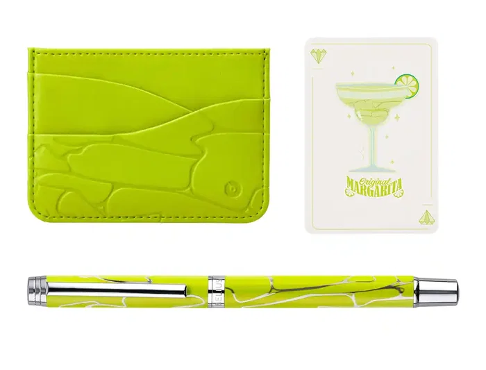 Belius Cocktails Margarita Bolígrafo y Wallet Aluminio Verde Lima Plateado con Relieve, Tinta Azul, Caja Incluida