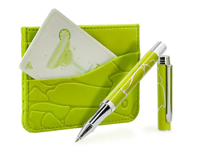 Belius Cocktails Margarita Bolígrafo y Wallet Aluminio Verde Lima Plateado con Relieve, Tinta Azul, Caja Incluida