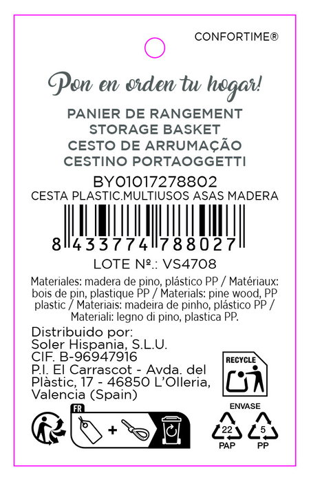 Inde Cesta Multiusos de Plástico con Asas de Madera Confortime, 37.3 cm x 26.2 cm x 13.9 cm (12 Unidades)