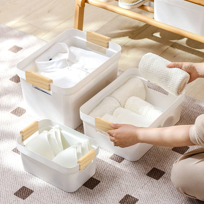 Inde Cesta Multiusos de Plástico con Asas de Madera Confortime, 37.3 cm x 26.2 cm x 13.9 cm (12 Unidades)