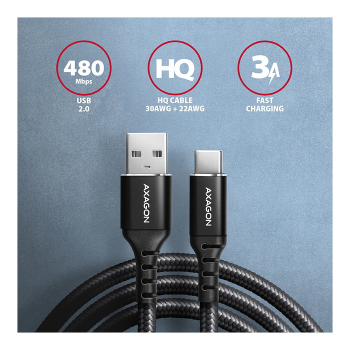 Axagon BUCM-AM10AB Cable USB-C a USB-A, 1m, USB 2.0, 3A, trenzado - negro