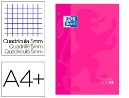 Oxford Recambio Din A4+ 80 Hojas 90 Gr Cuadro 5 mm 4 Taladros Color Fucsia