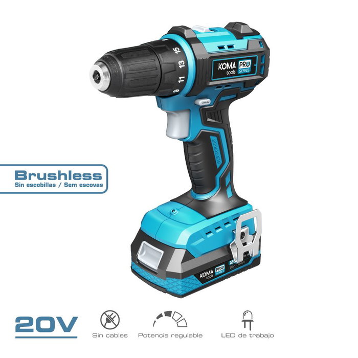 Koma Tools Kit Taladro Atornillador Brushless 20V Modelo 20V-TAB-K, 2 Baterías 2.0Ah, Par 45Nm, 2 Velocidades (0-450/1600 RPM), Portabrocas Ø10mm, Incluye Cargador y Maletín