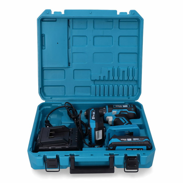 Koma Tools Kit taladro atornillador brushless 20 V con 2 baterías 2,0 Ah