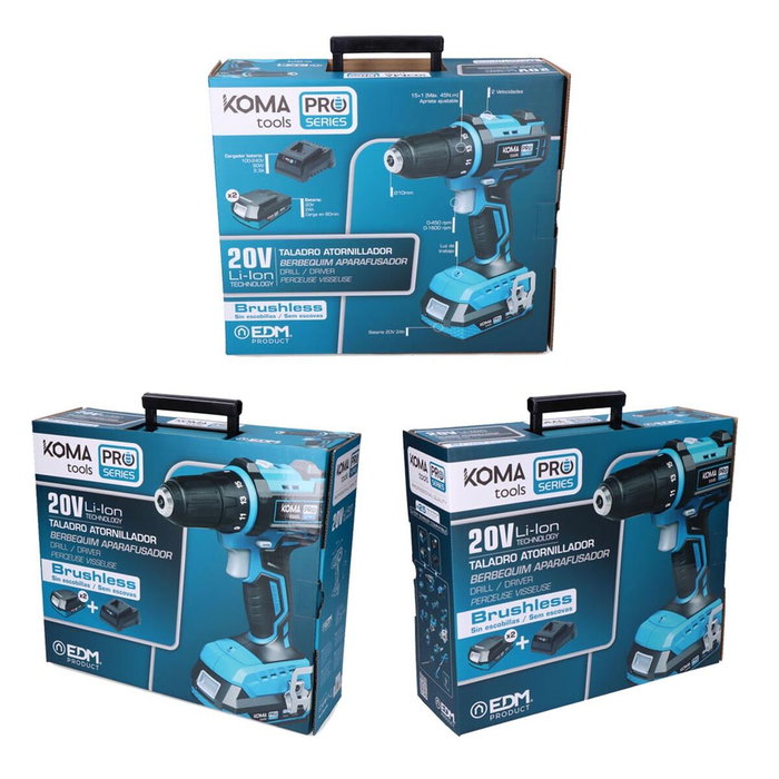 Koma Tools Kit taladro atornillador brushless 20 V con 2 baterías 2,0 Ah