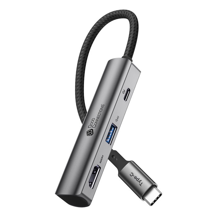 GoodConnections HUB-C002A Hub USB-C 3 Puertos, HDMI 4K, USB-C y USB 3.0, Power Delivery 94W, Aluminio Antracita