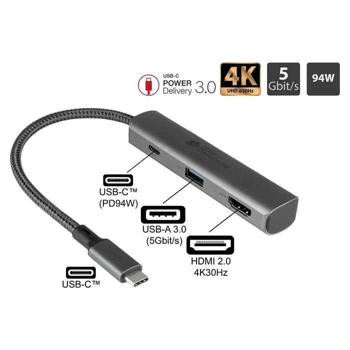 GoodConnections HUB-C002A Hub USB-C 3 Puertos, HDMI 4K, USB-C y USB 3.0, Power Delivery 94W, Aluminio Antracita