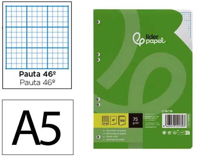 Liderpapel Recambio Din A5 100 Hojas Rayado nº 46 6 Taladros Liderpapel Recambio Din A5 100 Hojas Rayado nº 46 6 Taladros