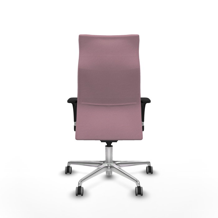 Sillón Albacete con mecanismo Sincro tapizada con Tela color Rosa. Equipado con Base aluminio, Brazos 1D y Ruedas 65 mm parqué