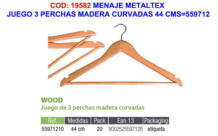 METALTEX Juego de 3 Perchas de Madera Curvadas 44 cm METALTEX Juego de 3 Perchas de Madera Curvadas 44 cm