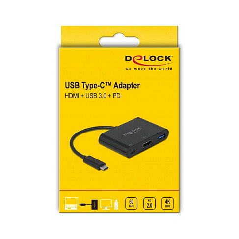 DeLOCK Adaptador USB-C a HDMI 4K 30 Hz con Puerto USB-A y USB-C PD de 60W, Negro, Ref. 64091