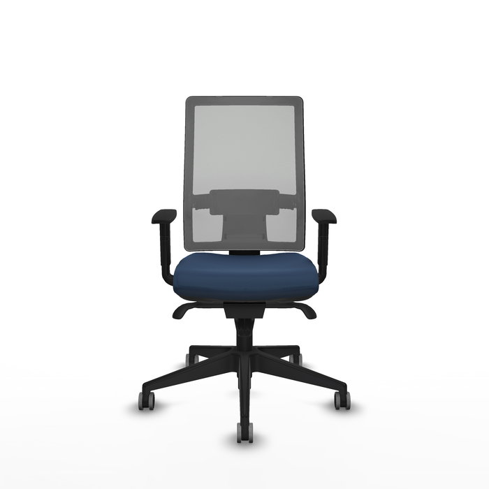 Silla de oficina Horna con mecanismo Sincro tapizada con Similpiel color Azul marino y malla color Gris. Equipada con lumbar 1D, Brazos 1D y Ruedas 65 mm parqué