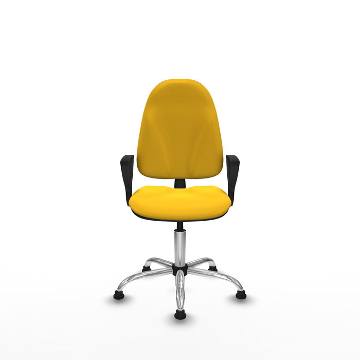 Silla de oficina Algarra con mecanismo Contacto permanente básico tapizada con Similpiel color Amarillo. Equipada con Base cromada, Brazos fijosy Topes