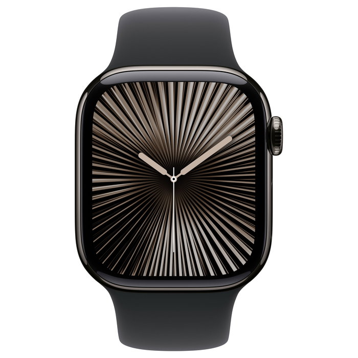 Apple Watch Series 10 GPS + Cellular 42 mm Caja Titanio Pizarra con Correa Deportiva Negra S/M, Reloj Inteligente, 64 GB, Pantalla OLED, watchOS 11, Resistente al Agua