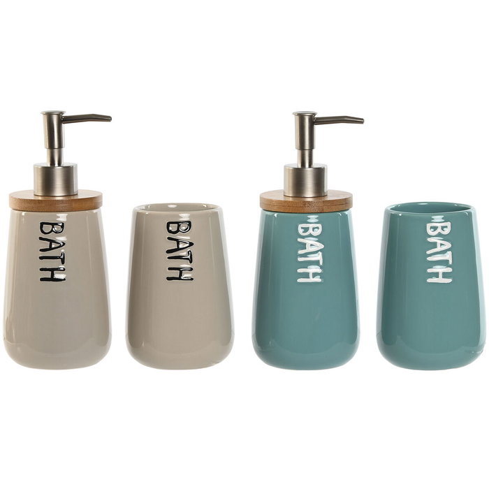 DKD Home Decor Set de 2 Accesorios de Baño en Dolomita y Bambú Beige y Turquesa