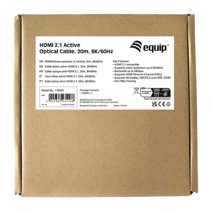 Equip Cable HDMI 2.1 Óptico Activo 8K 20m Macho-Macho