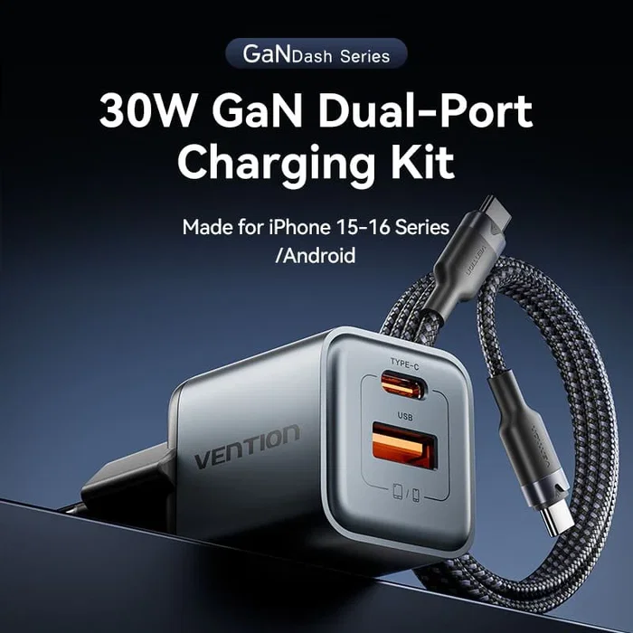 Vention Cargador de Pared GaN 30W con Cable USB-C de 1m, Gris, TZ-FEWH0-EU Vention Cargador de Pared GaN 30W con Cable USB-C de 1m, Gris, TZ-FEWH0-EU