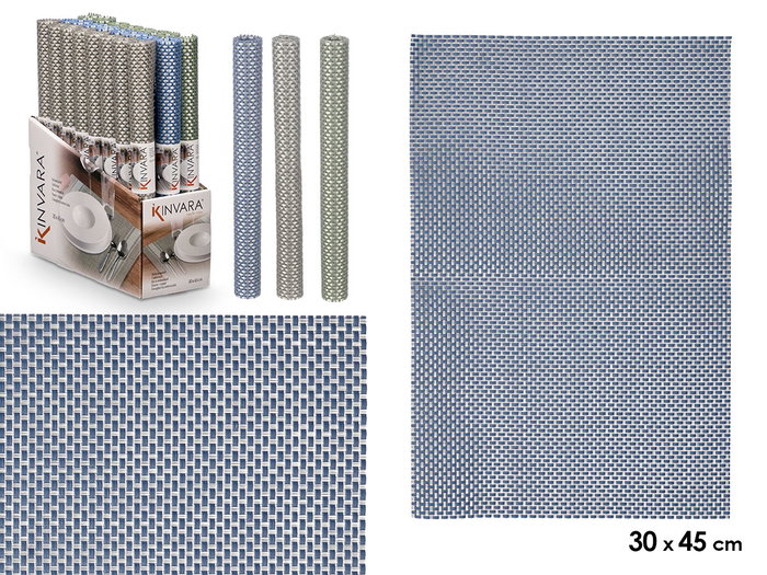 Kinvara Salvamantel 30x45 cm Trenzado PVC y Poliéster, Colores Surtidos Azul, Gris, Verde (Set de 48) Kinvara Salvamantel 30x45 cm Trenzado PVC y Poliéster, Colores Surtidos Azul, Gris, Verde (Set de 48)