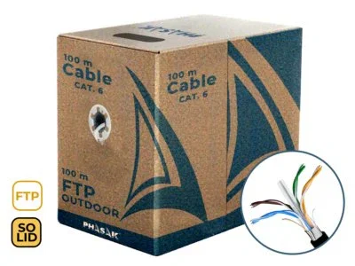 Phasak Bobina Cable de Red FTP Sólido Cat 6 CCA para Exteriores, 100 metros