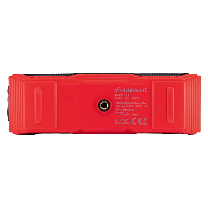 Albrecht DR 112 Radio Digital DAB+/UKW con Manivela, USB-C, Resistente al Agua IPX5, FM, Autonomía 10h, Negro/Rojo