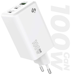 Subblim Cargador de Pared y Viaje GaN 100W PD 3 Puertos 2x USB-C + 1x USB-A Blanco