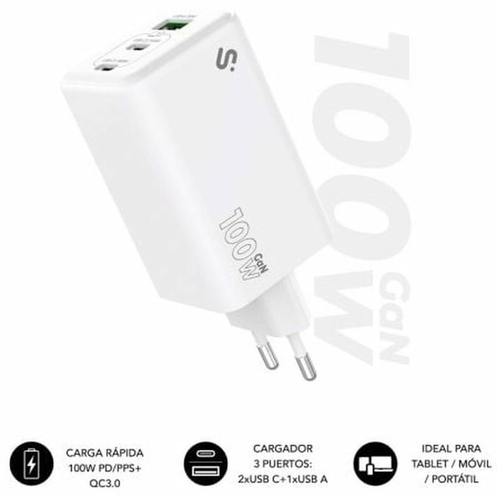 Subblim Cargador GaN 100W con 2xUSB-C y 1xUSB-A Blanco