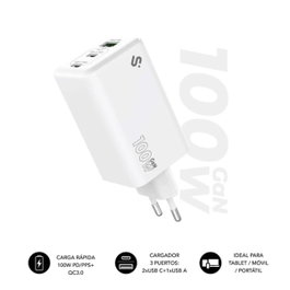 Subblim Cargador GaN 100W con 2xUSB-C y 1xUSB-A Blanco