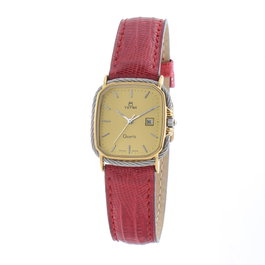 Tetra Reloj 125-CC-L con correa de cuero roja y caja dorada