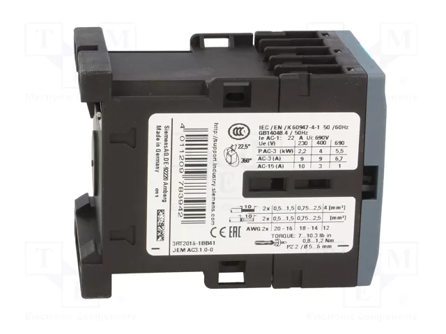 Siemens 3RT20161BB41 Schütz AC-3 4kW/400V 1S 24VDC 3p S00