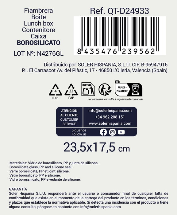 Quttin Recipiente Rectangular con 2 Compartimentos, 1.4 L (6 Unidades)