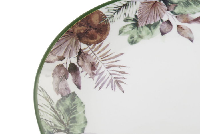 DKD Home Decor Plato de Porcelana Tropical Esmaltado Verde, Marrón y Blanco, 19x19x2 cm