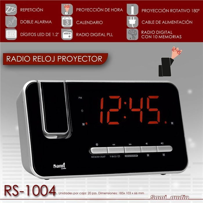 SAMI RADIO RELOJ RECTANGULAR PROYECTOR ROTATIVO 2 ALARMAS MEMORIA RADIO DESPERTADOR PROYECTOR RELOJ DE MESA