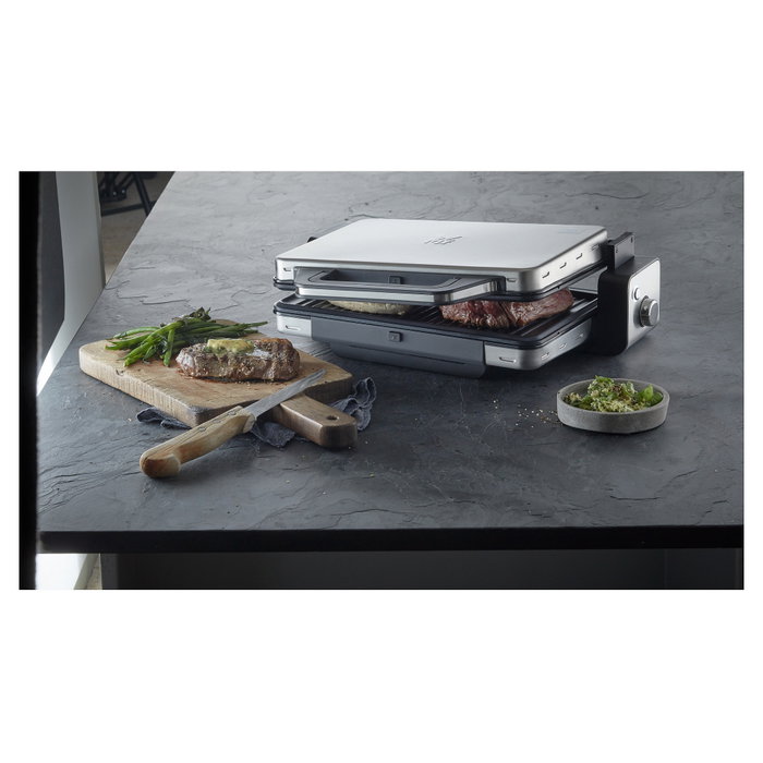 WMF Lono 0415110011 Grill de Contacto 2 en 1 Negro, 2100 W, 1300 cm2, Plancha Antiadherente, Placas de Aluminio, Acero Inoxidable
